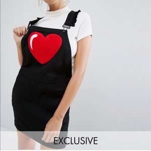 Lazy Oaf Heart Pinafore Dress in Denim